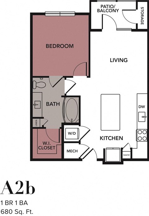 Floor plan for 1 bed, 1 bath, 680 sqft