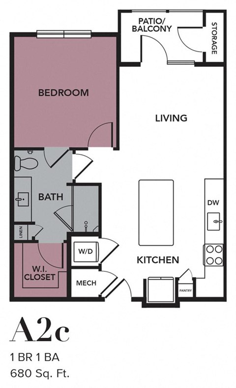 Floor plan for 1 bed, 1 bath, 680 sqft