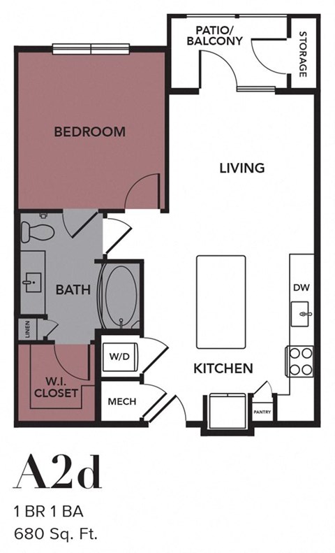 Floor plan for 1 bed, 1 bath, 680 sqft
