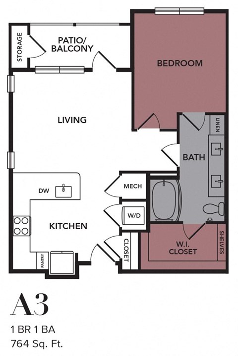 Floor plan for 1 bed, 1 bath, 764 sqft