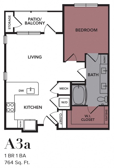 Floor plan for 1 bed, 1 bath, 764 sqft