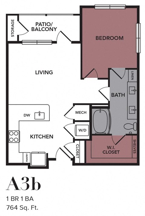 Floor plan for 1 bed, 1 bath, 764 sqft