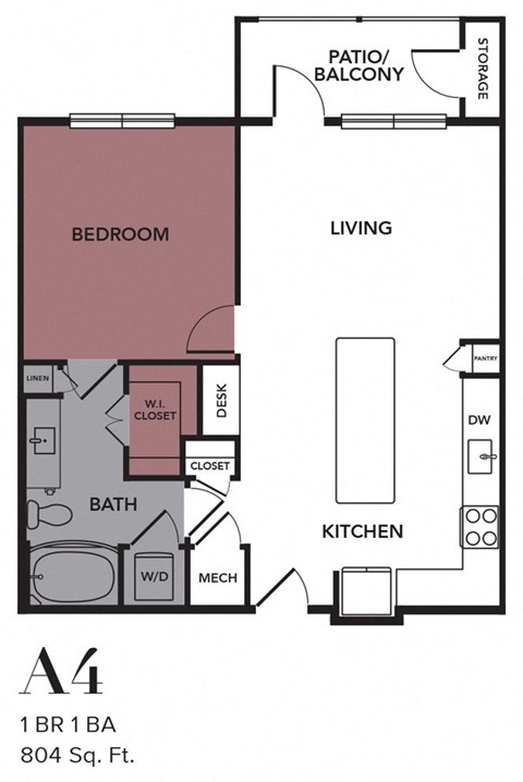 Floor plan for 1 bed, 1 bath, 804 sqft