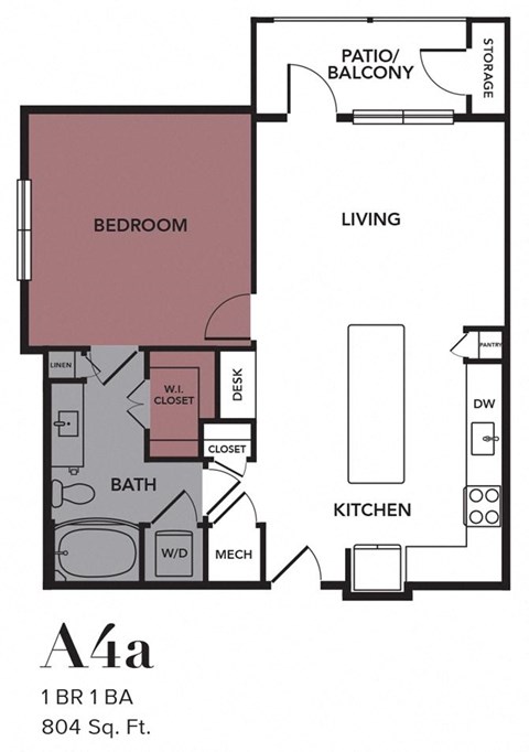 Floor plan for 1 bed, 1 bath, 804 sqft