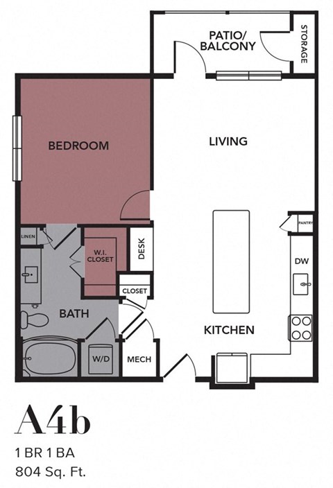 Floor plan for 1 bed, 1 bath, 804 sqft