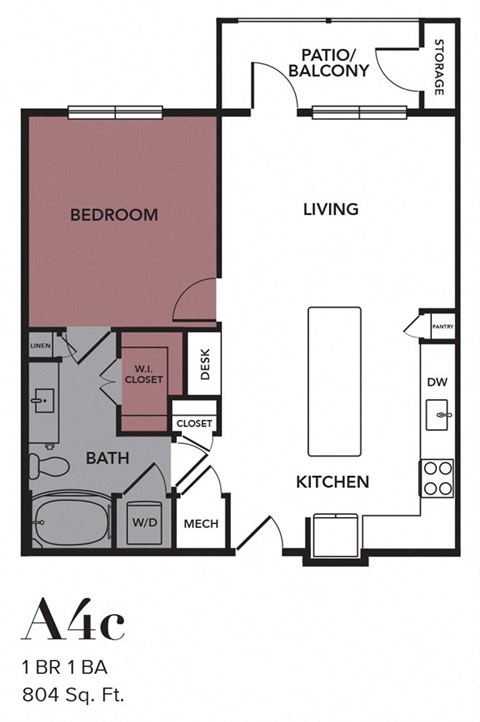 Floor plan for 1 bed, 1 bath, 804 sqft