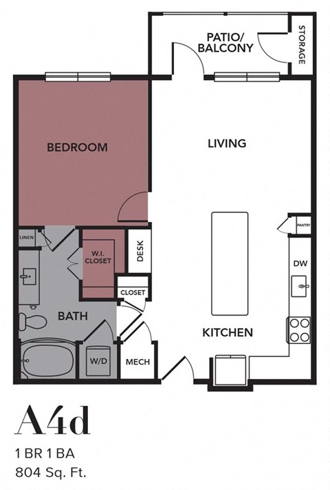 Floor plan for 1 bed, 1 bath, 804 sqft