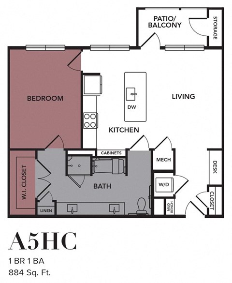 Floor plan for 1 bed, 1 bath, 884 sqft