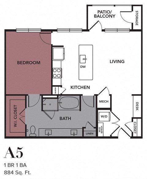 Floor plan for 1 bed, 1 bath, 884 sqft