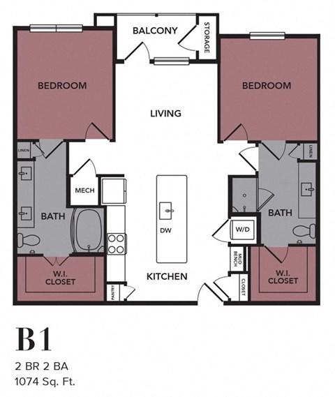 Floor plan for 2 beds, 2 baths, 1074 sqft