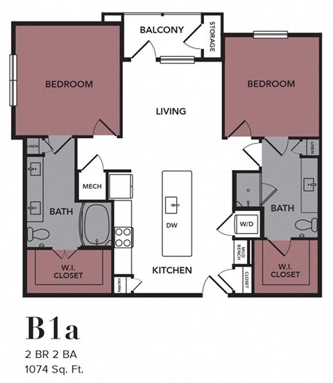 Floor plan for 2 beds, 2 baths, 1074 sqft