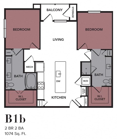 Floor plan for 2 beds, 2 baths, 1074 sqft