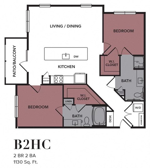 Floor plan for 2 beds, 2 baths, 1130 sqft