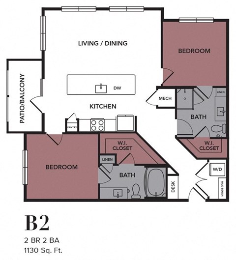 Floor plan for 2 beds, 2 baths, 1130 sqft