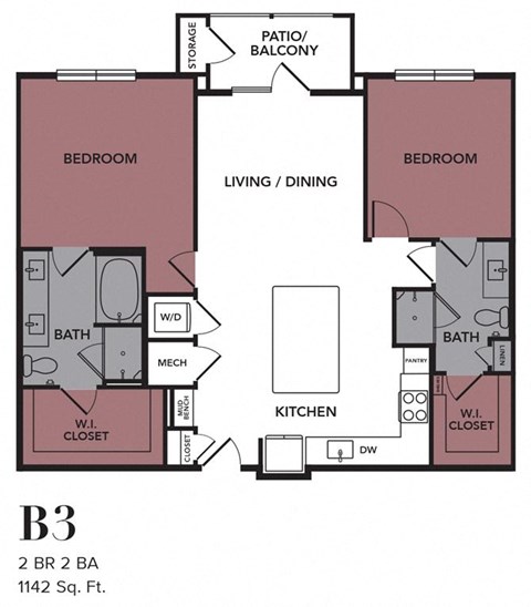 Floor plan for 2 beds, 2 baths, 1142 sqft