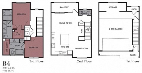 Floor plan for 2 beds, 2.5 baths, 1453 sqft