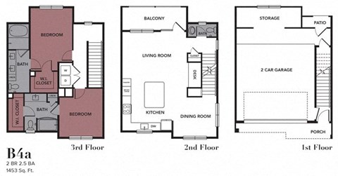 Floor plan for 2 beds, 2.5 baths, 1453 sqft