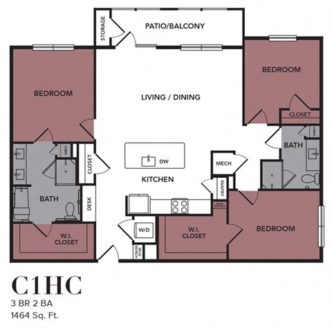 Floor plan for 3 beds, 2 baths, 1464 sqft