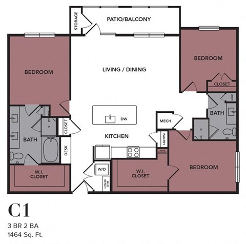 Floor plan for 3 beds, 2 baths, 1464 sqft