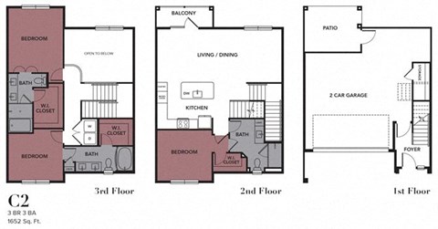 Floor plan for 3 beds, 3 baths, 1652 sqft