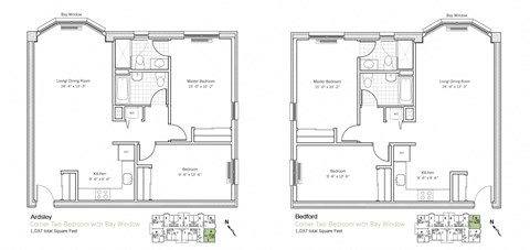 Floor plan for 2 beds, 2 baths, 1037 sqft