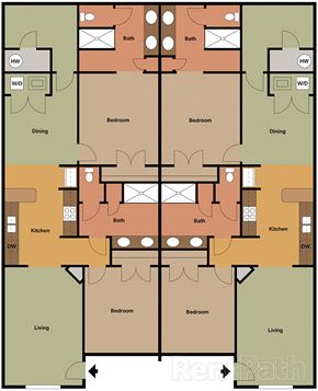 Wake Forest apartment for rent - A floor plan of a house with two dining areas, two living areas, and four bedrooms.