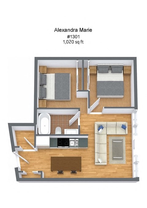 Floor plan for 2 beds, 1 bath, 1141 sqft
