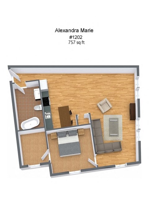 Floor plan for 1 bed, 1 bath, 658 sqft