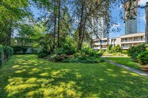 Burnaby apartment for rent - A lush green garden with a pathway and trees in the foreground and apartment buildings in the background.
