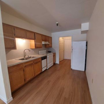 Marble Falls apartment for rent - A kitchen with wooden cabinets and a white fridge.