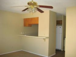 Marble Falls apartment for rent - A room with a ceiling fan and a white refrigerator.
