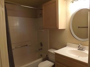 Marble Falls apartment for rent - A bathroom with a toilet, sink, and shower.