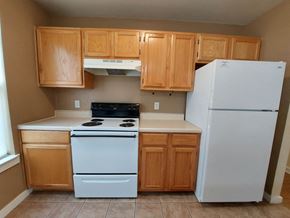 Marble Falls apartment for rent - A kitchen with wooden cabinets and a white refrigerator.