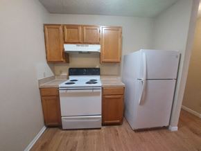 Marble Falls apartment for rent - an empty kitchen with white appliances and wooden cabinets