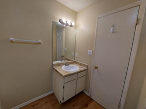 Marble Falls apartment for rent - A small bathroom with a sink and mirror.