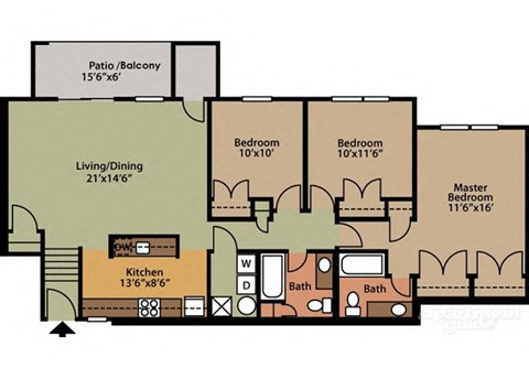 Floor plan for 3 beds, 2 baths, 1335 sqft