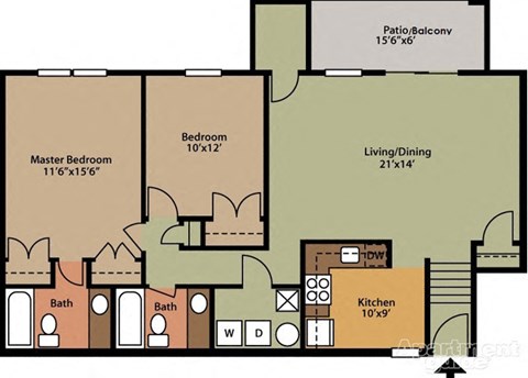 Floor plan for 2 beds, 2 baths, 1104 sqft
