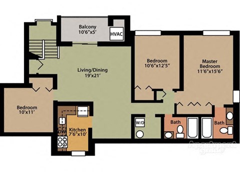 Floor plan for 3 beds, 2 baths, 1214 sqft