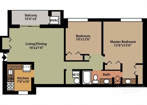 Floor plan for 2 beds, 1 bath, 1058 sqft