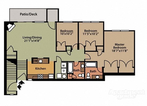 Floor plan for 3 beds, 2 baths, 1283 sqft