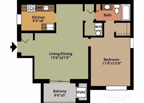 Floor plan for 1 bed, 1 bath, 797 sqft