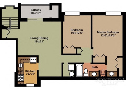 Floor plan for 2 beds, 1 bath, 1080 sqft