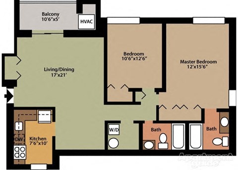 Floor plan for 2 beds, 2 baths, 1007 sqft