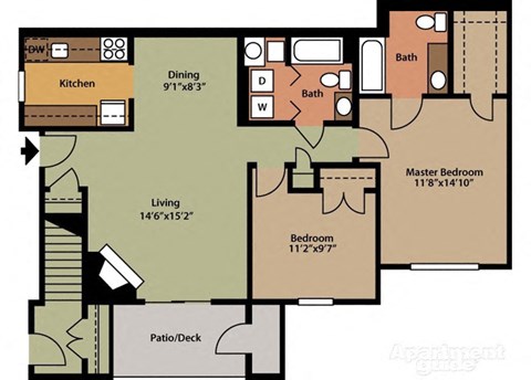 Floor plan for 2 beds, 2 baths, 1108 sqft