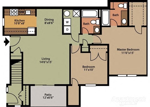Floor plan for 2 beds, 2 baths, 1104 sqft