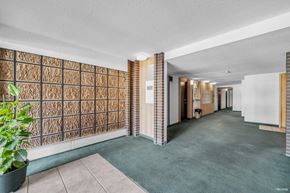 Burnaby apartment for rent - A long hallway with a plant on the left and a brick wall on the right.
