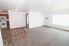 North Sioux City apartment for rent - an empty living room with carpet and a kitchen