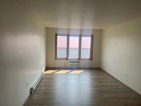 Detroit Lakes apartment for rent - A room with wooden floors and a window with blinds.