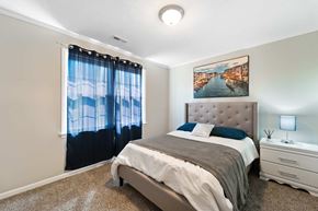 Jacksonville house for rent - A bedroom with a large bed, a nightstand with a lamp, and a picture on the wall.