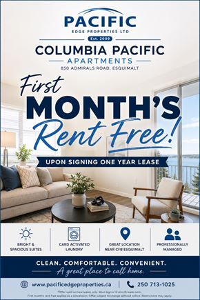 Victoria apartment for rent - A flyer for Pacific Edge Properties advertising a free first month's rent for Columbia Pacific Apartments.